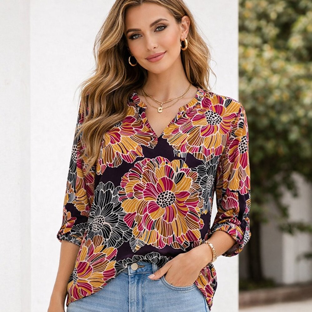 DR2 Multicolor Floral V-Neck Blouse